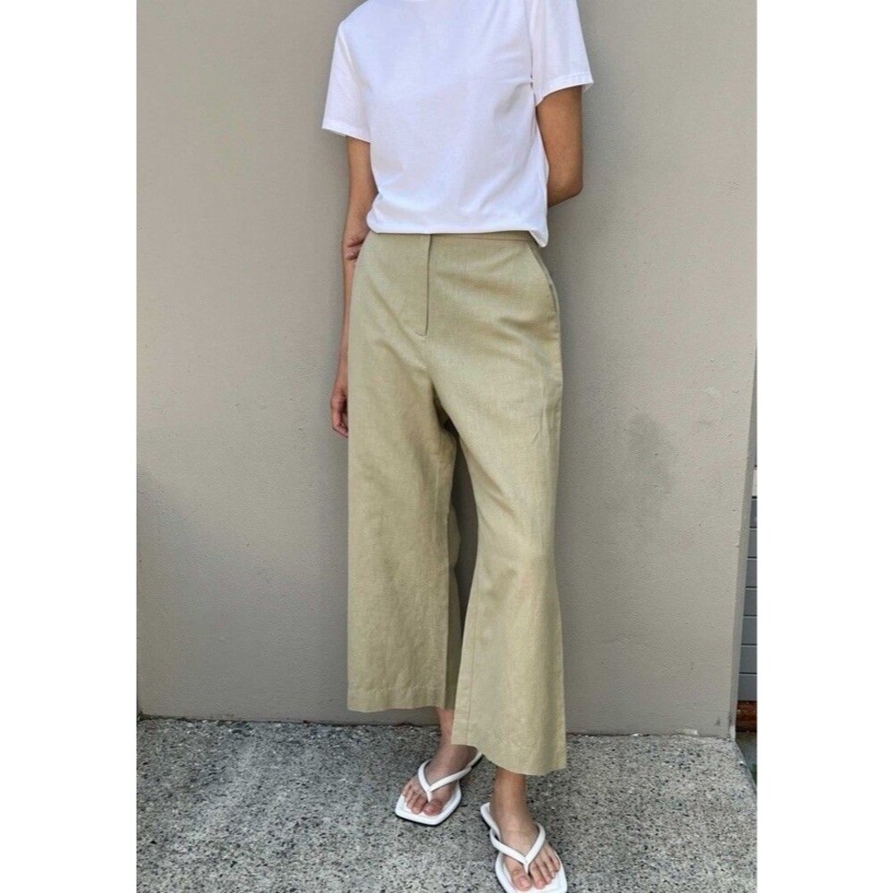 OAK and FORT Women's Linen Cotton Pants 8 ELM Beige Wide Leg Crop Culottes